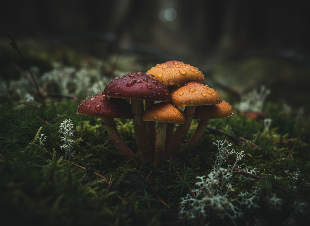 Moody atmospheric close-up of a cluster of wild mushrooms growing on mossy forest ground, dew droplets, soft diffused woodland light, dark earthy tones, muted green moss and lichen, fine art nature photography
