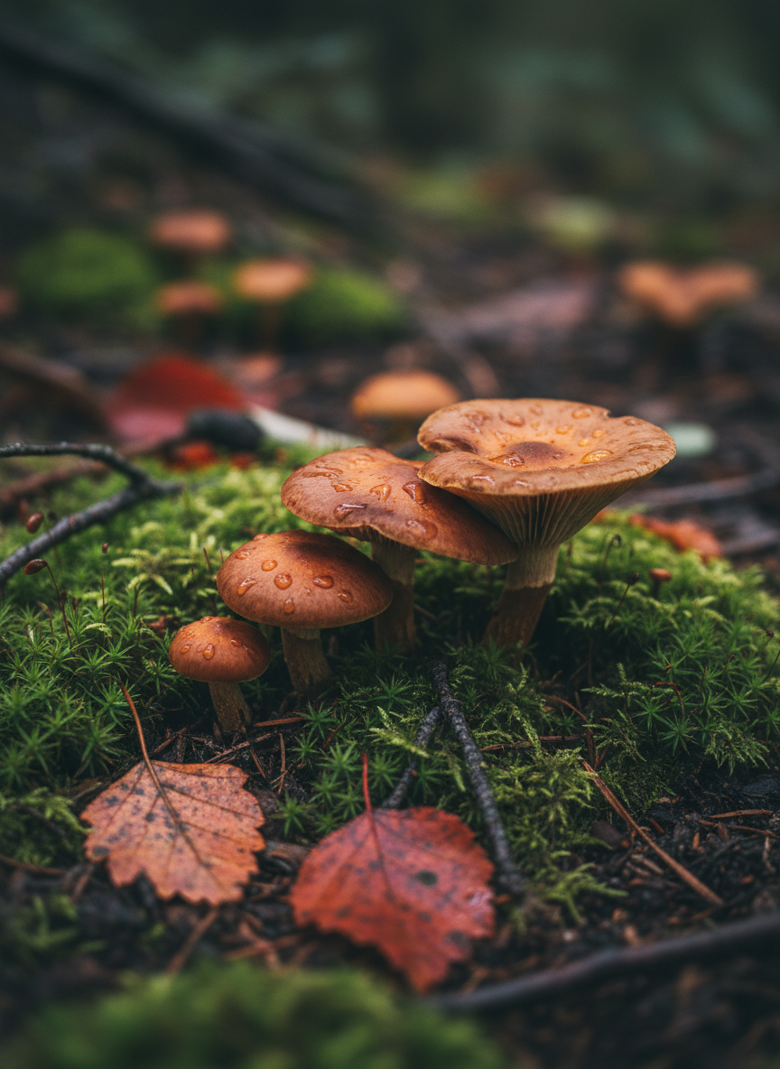 Wild mushrooms growing from rich dark forest floor soil surrounded by moss and fallen leaves